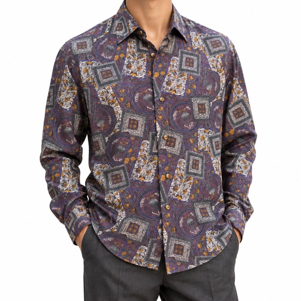 Mens Large Purple Gray Geometric Baroque Silky Long Sleeve Dress Shirt Party NWT